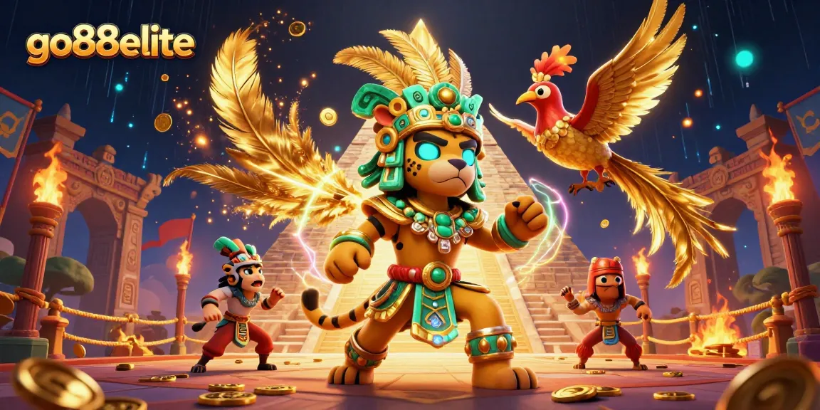 Experience the vibrant world of go88elite with a Mayan jaguar in a lively casino scene, interacting with game elements.