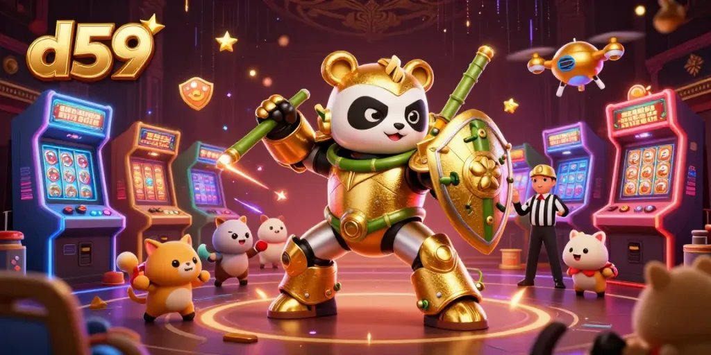 d59 gaming experience in an ultra-detailed 3D illustration with a golden panda robot and casino elements.