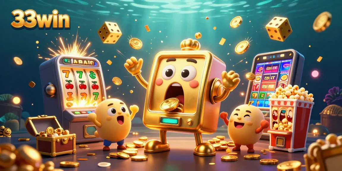 Join the excitement at 33win as the golden slot machine celebrates a jackpot with cheering baby machines and golden dice!