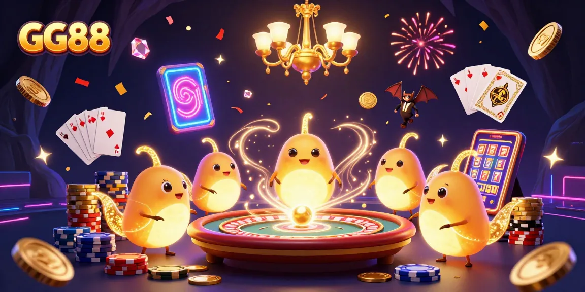 Experience exciting gameplay at GG88 with a vibrant casino scene featuring glowworms, cards, and coins