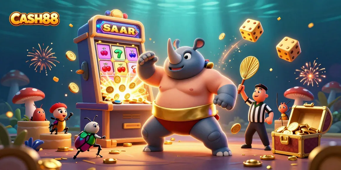 CASH88 presents an exciting casino scene with a rhinoceros beetle champion, slot machine, and joyful characters enjoying the game.