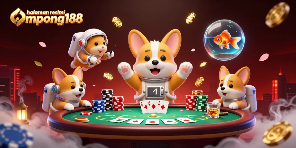 Permainan kasino yang mendebarkan di halaman resmi Ompong188 dengan astronaut corgi dan karakter lucu lainnya.