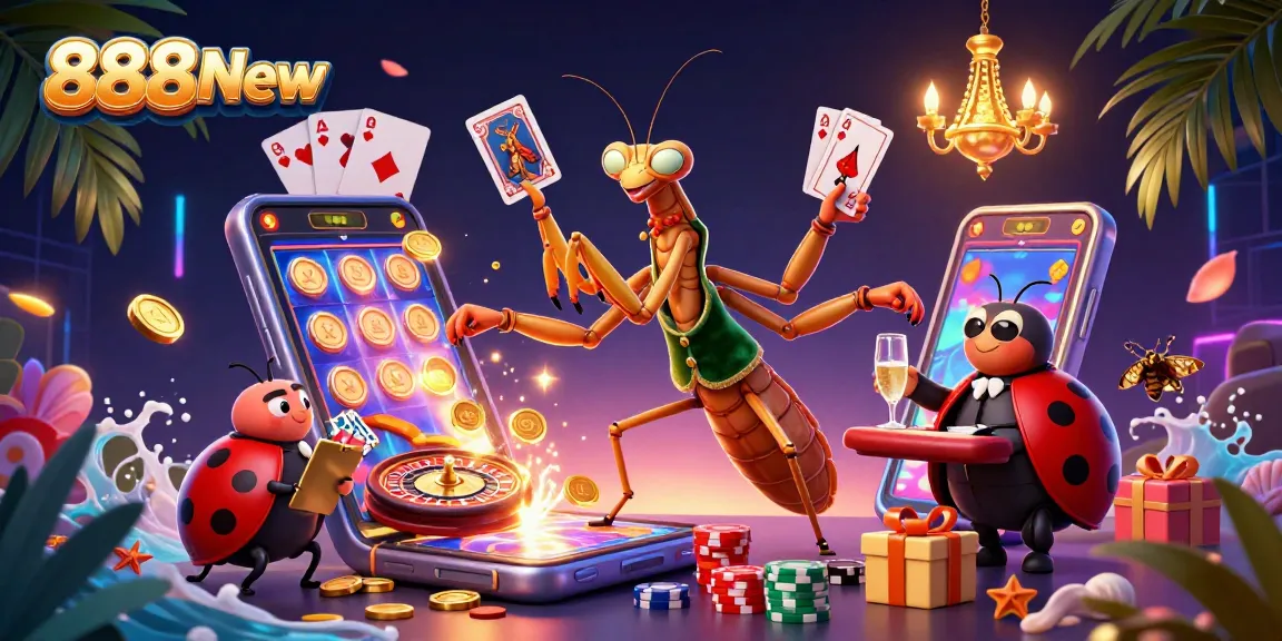 Engage in thrilling slots at 888New: Dynamic casino scene with colorful games and rich details.