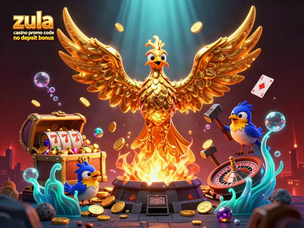 Zula casino promo code no deposit bonus scene featuring a molten phoenix, gold coins, and slot reels amidst vibrant, glowing elements.