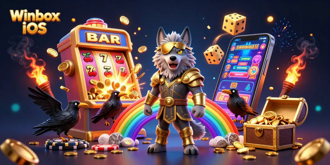 Engage with Winbox iOS in this vibrant 3D casino illustration featuring action-packed gaming elements and characters.