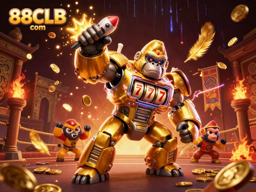 Bet on big wins with 88CLB com in a vibrant scene of a golden gorilla mech with coins flying.