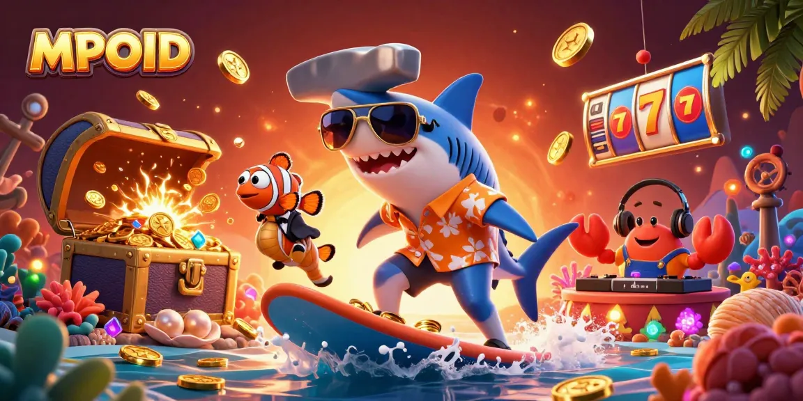 MPOID showcases a lively 3D depiction of a hammer-head shark surfing gold coins amidst slot reels, enhancing casino fun.