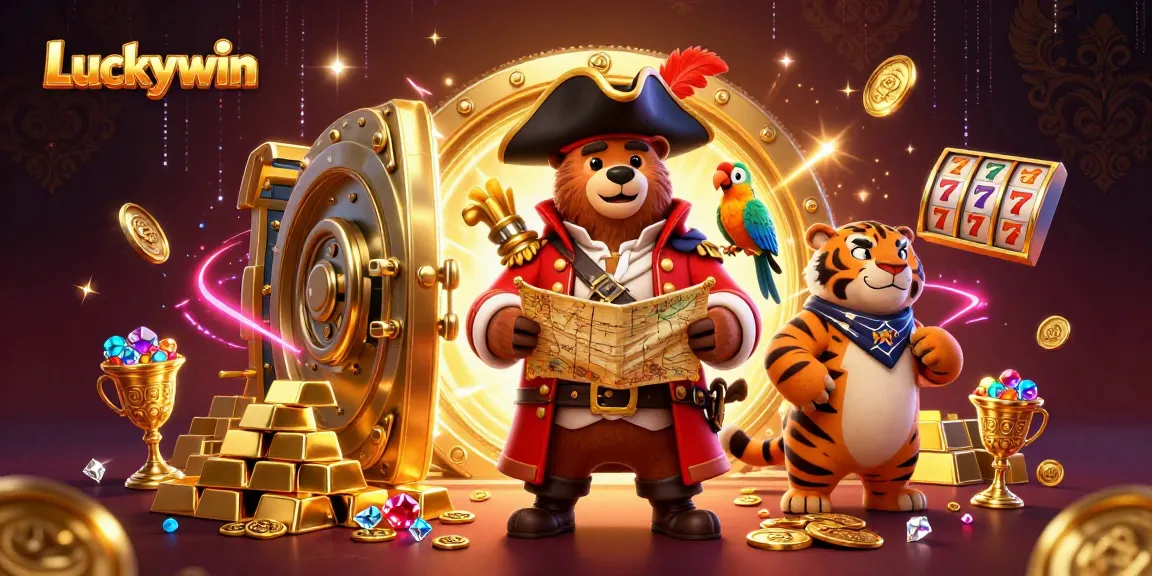 Experience the thrill of Luckywin with this vibrant casino-themed illustration featuring a pirate bear.