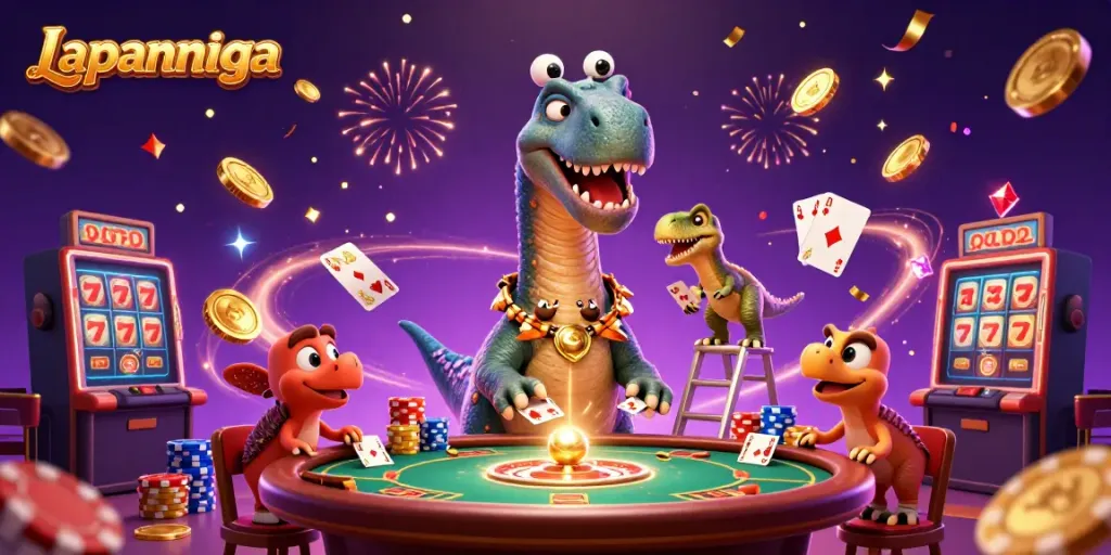 Experience thrilling adventures at Lapannaga with a whimsical casino illustration featuring vibrant characters.