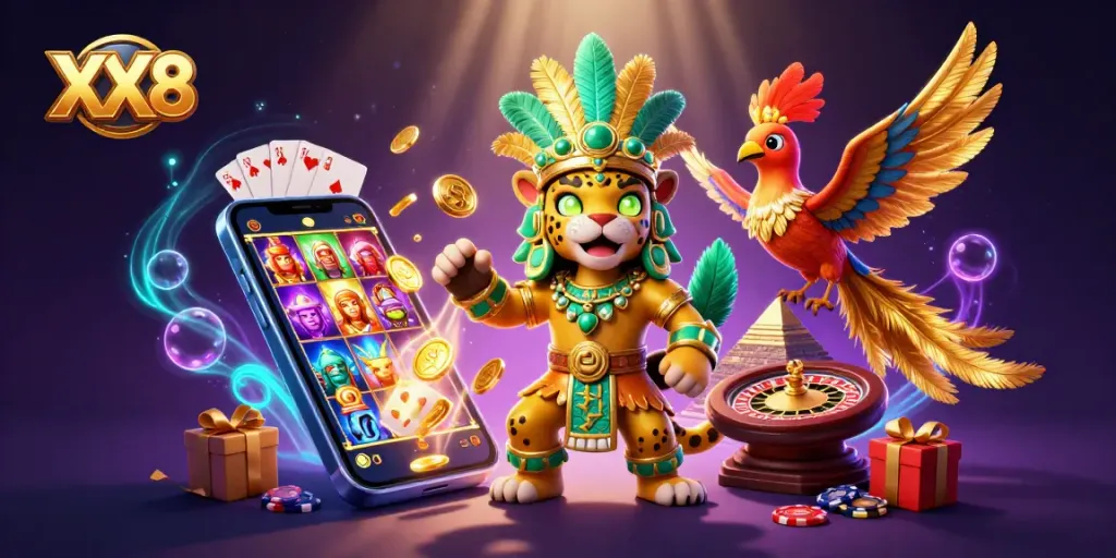 Engage with the dynamic XX8 casino experience featuring a Mayan jaguar priest and vibrant slot visuals.