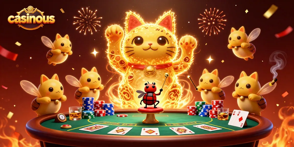 Experience thrilling casino action with casinous, featuring a lucky cat and poker elements.