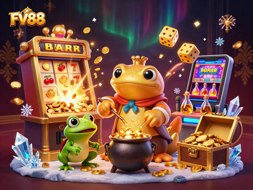 Spin and win with FV88's vibrant casino adventures, featuring gold coins and jackpot excitement!