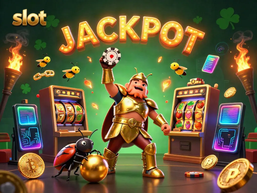 Slot bergaya kartun dengan karakter menarik, menggambarkan permainan mesin slot dan suasana kemenangan.