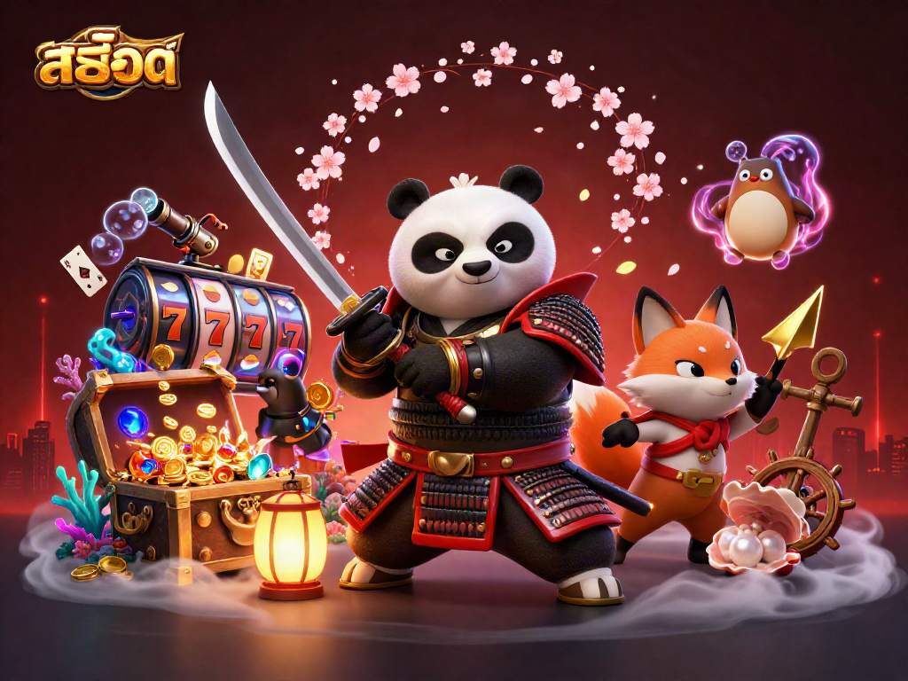 Experience thrilling สล็อต action with a samurai panda, ninja fox, and magical tanuki at a vibrant casino scene.