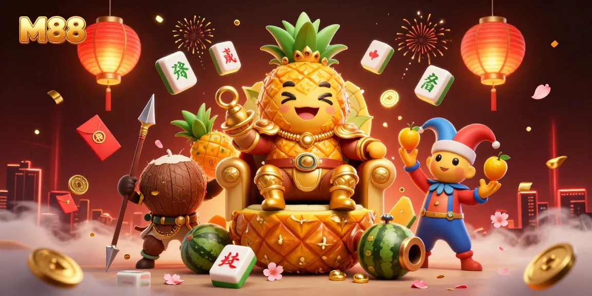 Engage with M88 at this vibrant casino scene featuring a golden pineapple king presiding over a colorful beach setup.