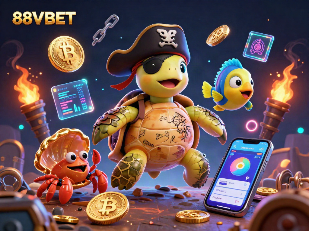Join treasure-hunting fun with 88VBET’s vibrant characters and crypto-themed elements floating around.