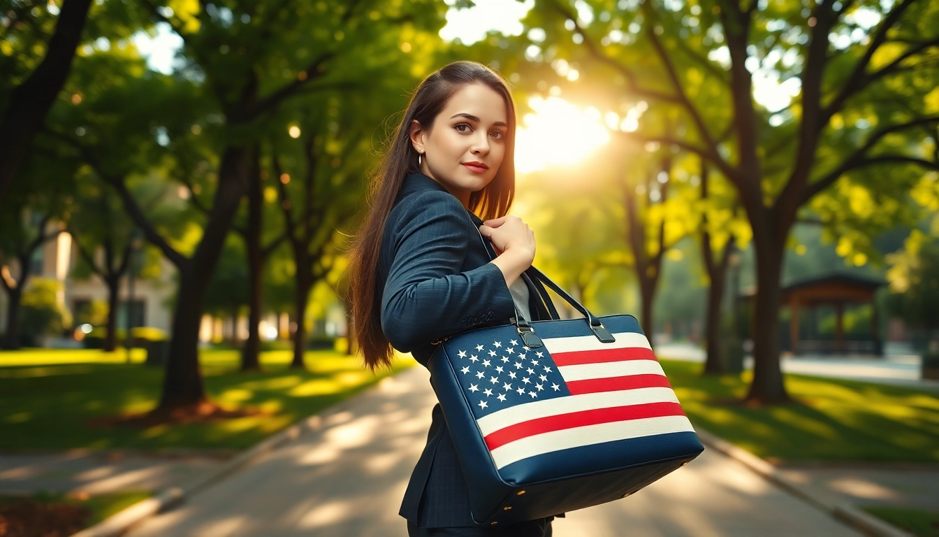 Woman confidently holding a united states bag in a serene park setting.