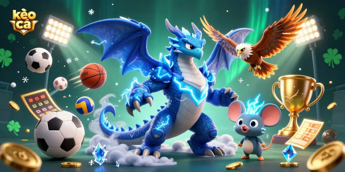Experience thrilling wins with kèo nhà cái as a thunder dragon and friends celebrate big bets.