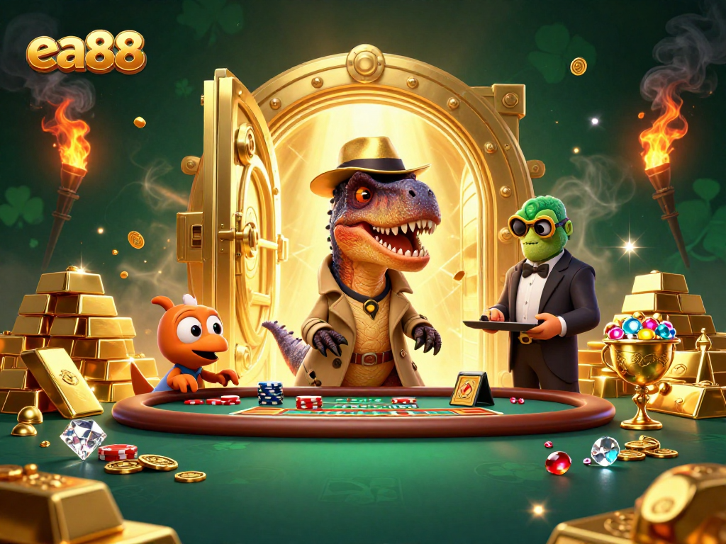 Engage in thrilling blackjack at EA88 with cartoon dinosaurs amidst gold treasures and vivid graphics.