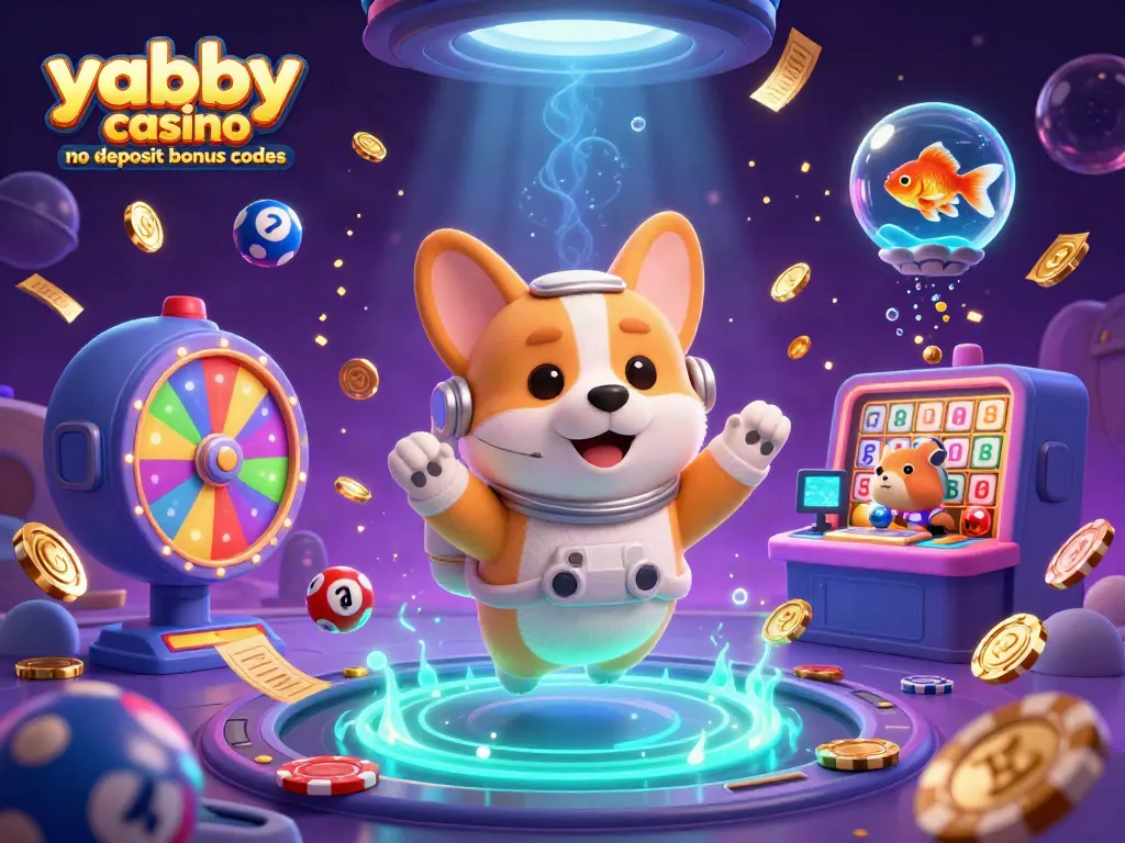 Engage with yabby casino no deposit bonus codes in a dynamic 3D gaming scene featuring astronauts and casino elements.