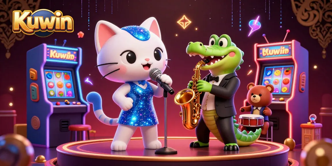 Kuwin cartoon characters perform on a vibrant casino stage surrounded by slot games, creating excitement and energy.