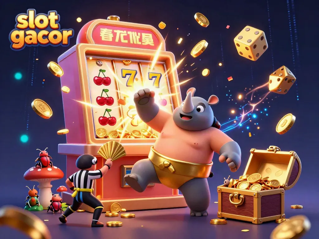 Engage with slot gacor adventures as vibrant characters celebrate a jackpot explosion in this 3D illustration.