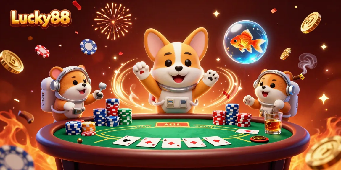 Experience excitement with Lucky88 as the 3D astronaut corgi floats amidst casino treasures in a vibrant space