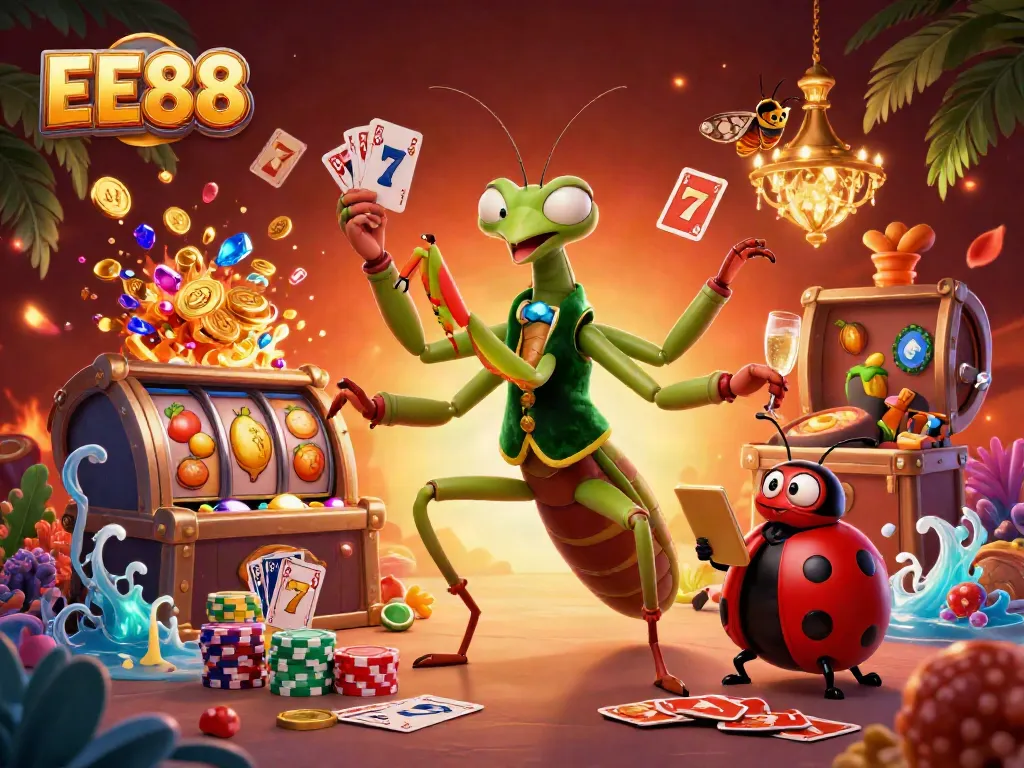 Engage in thrilling games at EE88's vibrant casino, showcasing dynamic characters and colorful slot elements.