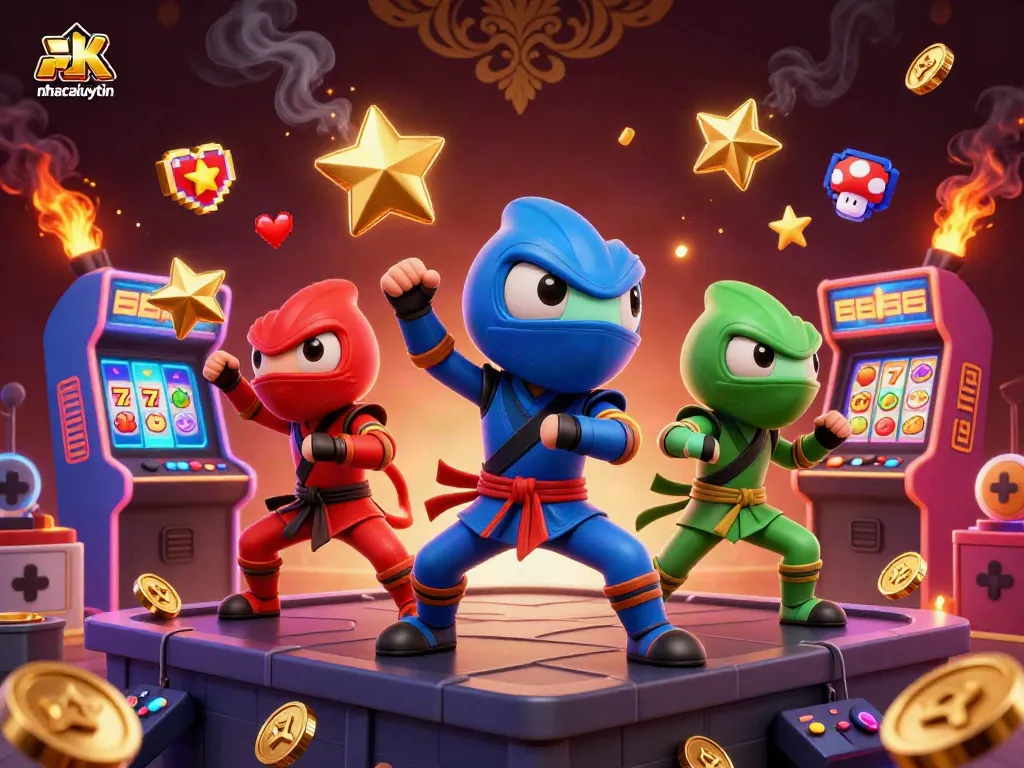 Engage with nhacaiuytin's vibrant casino world through dynamic ninja chameleons amidst golden gaming elements.