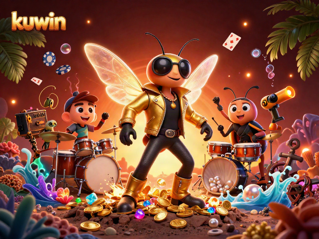 Experience exciting kuwin gameplay with a vibrant 3D circus scene featuring a rock star and casino elements.