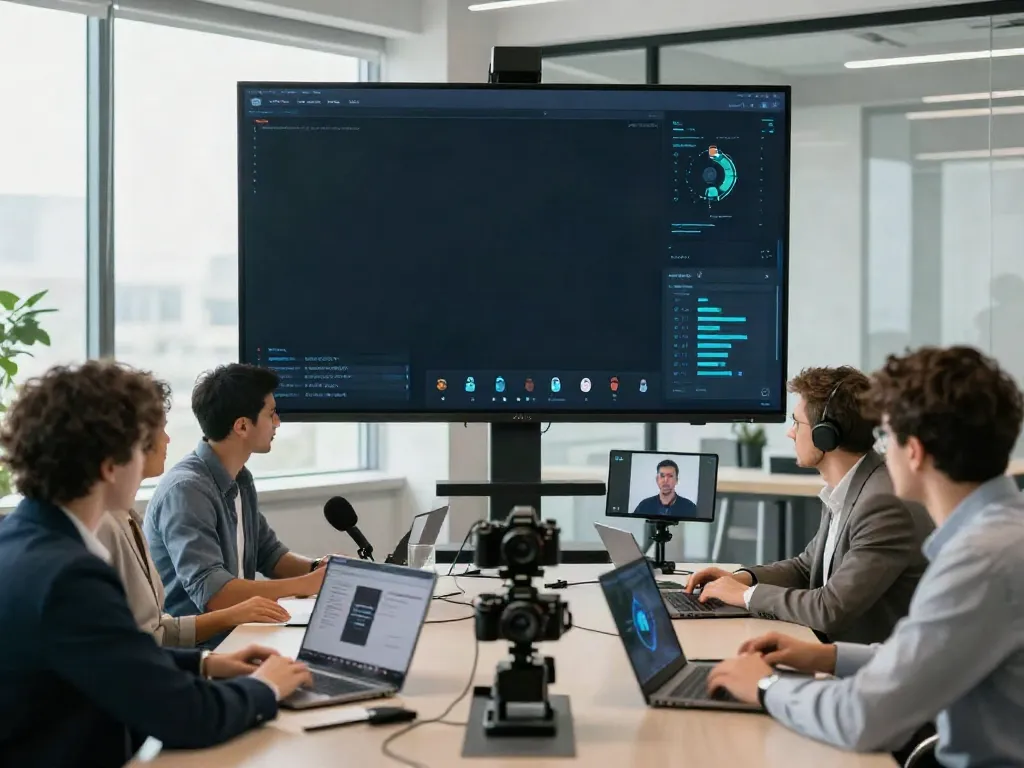 Deepfake protected Online Video Calls in a modern virtual meeting with diverse participants securing their communications.