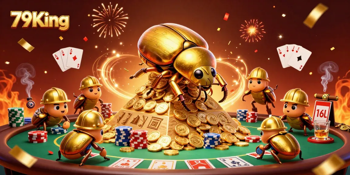 Engage with thrilling 79King gaming experiences featuring a golden beetle, poker elements, and casino excitement.
