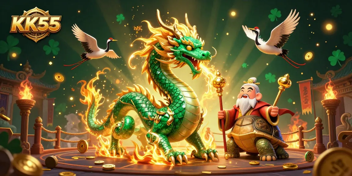 Experience thrilling adventures at KK55 with a jade dragon and wise turtle in a vibrant casino.