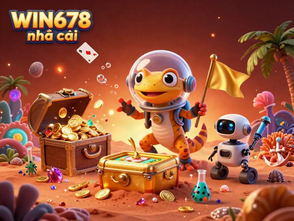 Experience the thrill at WIN678 nhà cái with a Martian gecko discovering a golden casino in this vibrant 3D scene.