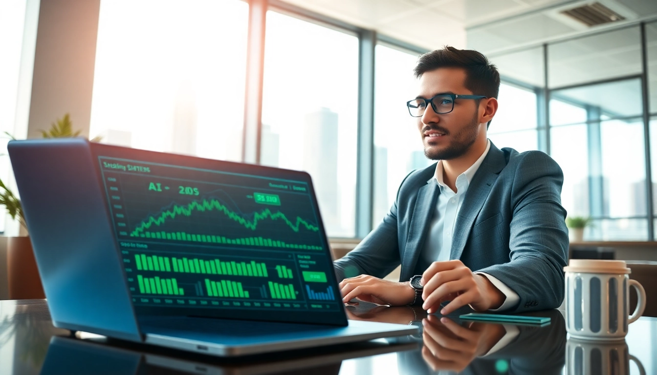 Analyze AI Investing strategies with a professional in a modern tech office.