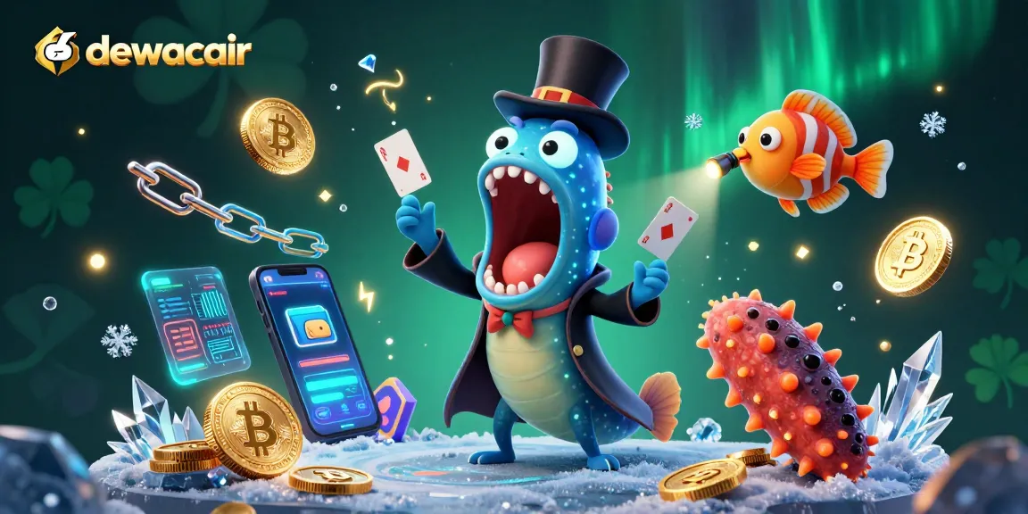 Experience the magic of dewacair with a bioluminescent eel performing card tricks amid floating crypto coins.