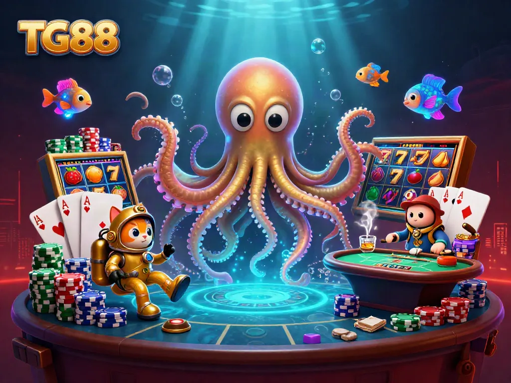 Engage with TG88's thrilling casino adventure filled with slots, a kraken, and poker excitement.