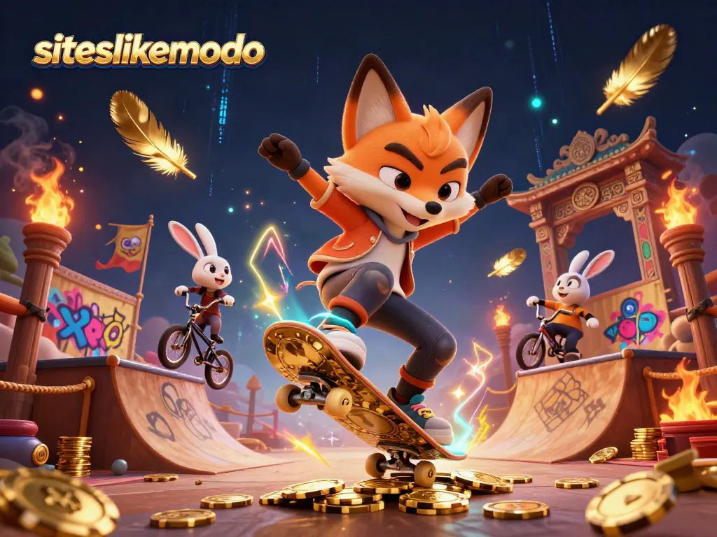Join the fun at siteslikemodo with a skateboarder fox and BMX rabbit amidst a vibrant casino scene.