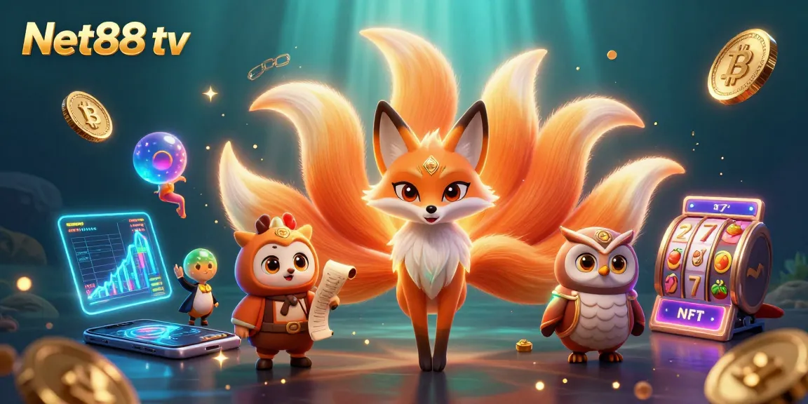 Play exciting games with Net88 tv's vibrant 3D illustration featuring slots and cryptocurrency elements.