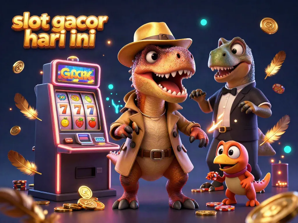 Gambar slot gacor hari ini menunjukkan dinosaur berdandan di mesin slot dengan suasana kasino yang meriah.