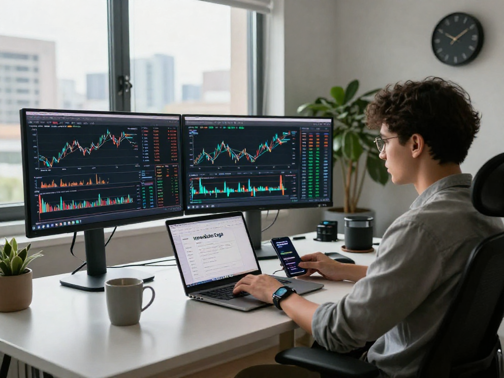 Analista financiero usando Immediate Edge en un espacio de trabajo moderno.
