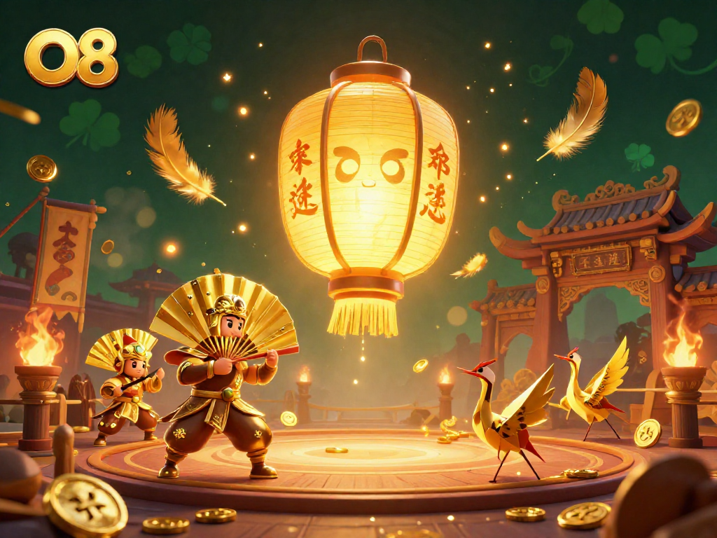 Engaging O8 casino scene showcasing a golden lantern spirit amidst vibrant gambling elements.