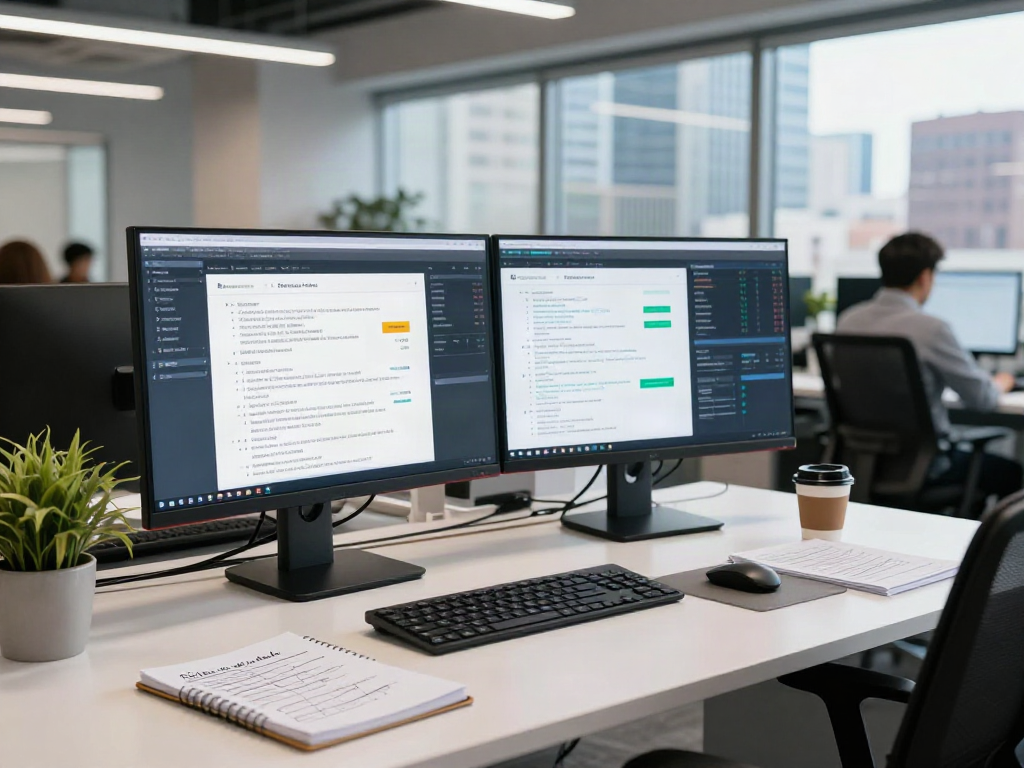 Data analyst utilizing document fraud detection software in a modern technology workspace, highlighting productivity and innovation.