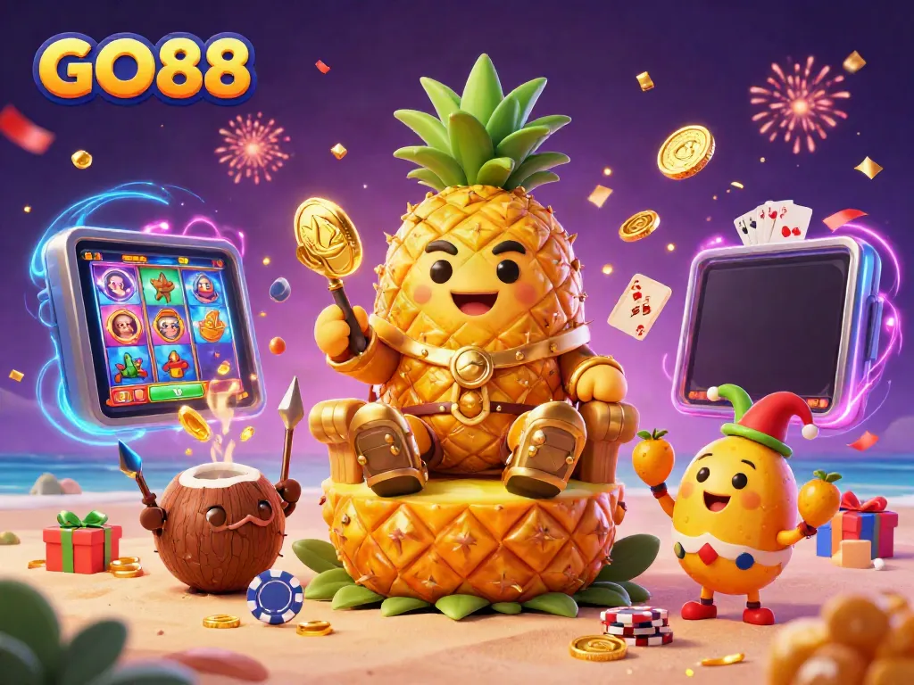 Engage in the GO88 casino experience with vibrant characters and a lively beach casino atmosphere.