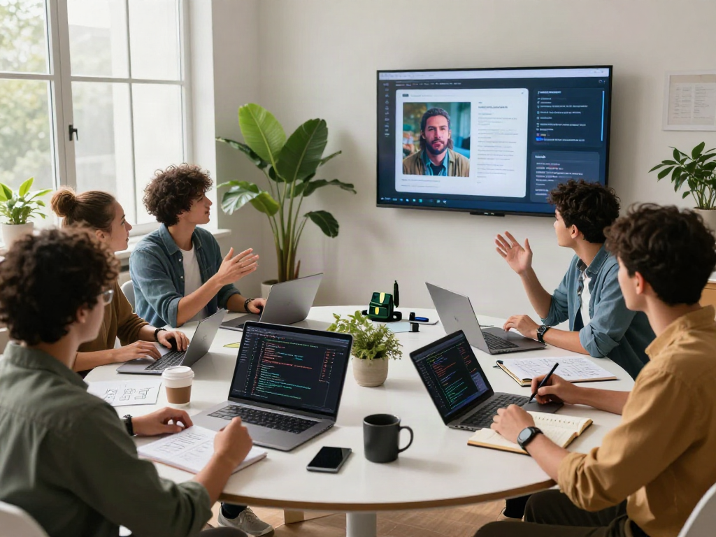 Collaborative team using an AI Image Detector in a modern tech workspace, showcasing innovation and teamwork.