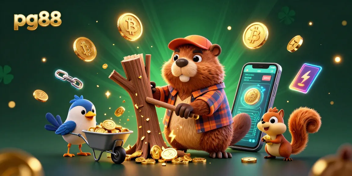 Spin and win with pg88's exciting cartoon scene featuring gold coins and crypto elements.