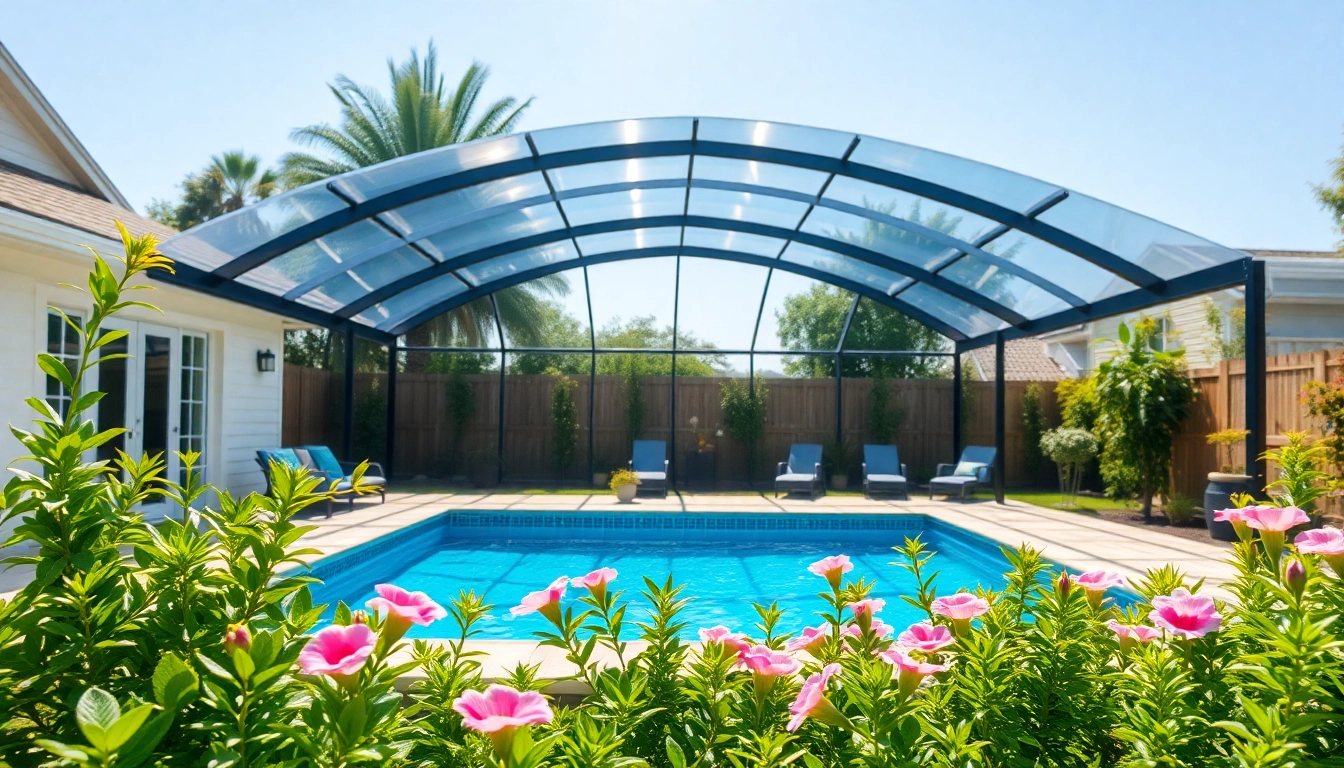 Enhance your outdoor space with a stunning pool enclosure, framed by lush greenery and sunlight.