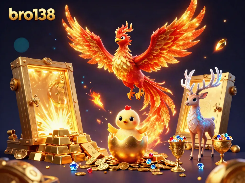 Experience thrilling wins with bro138's vibrant phoenix scene depicting luxurious slots and treasures.