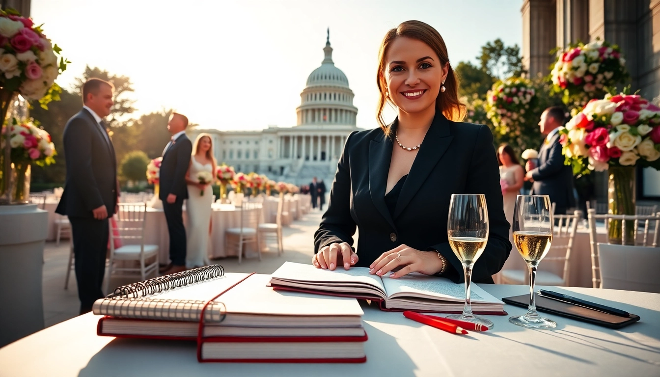 Washington dc wedding coordinator creating an elegant wedding setup in a scenic DC location.