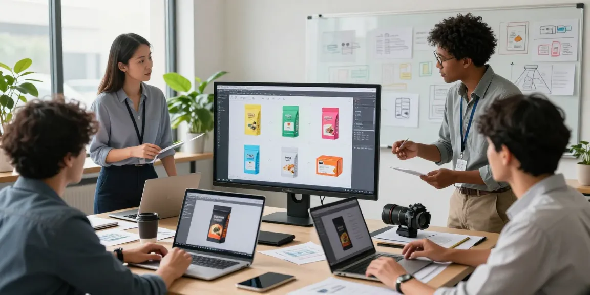 Tim profesional dalam industri pengemasan berkolaborasi menggunakan desain produk delapantoto di kantor modern.
